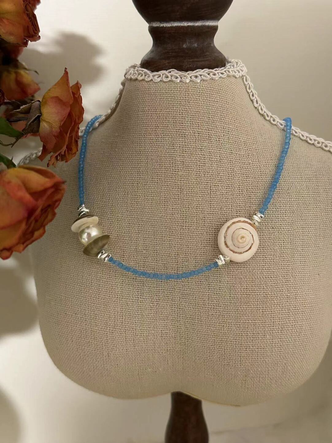 Natural Shell Blue Beaded Necklace,Lumivault.