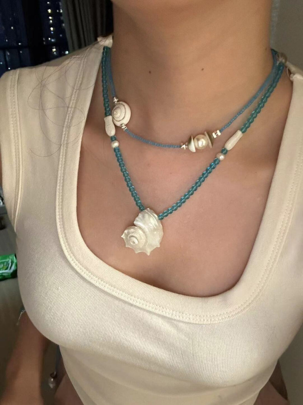 Natural Shell Blue Beaded Necklace,Lumivault.
