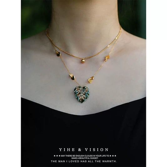 Monstera Ceramic Titanium Steel Stacking Necklace