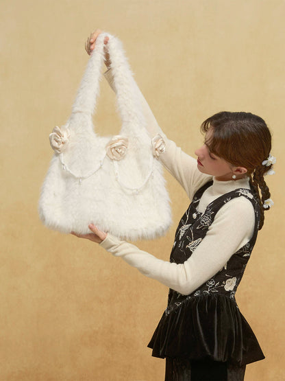 Cozy Hand-woven Camellia Plush Tote Bag - Lumivault
