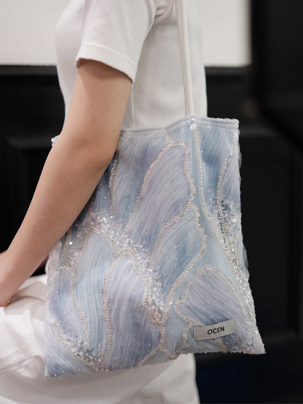 Morandi Blue Beaded Shoulder Bag - Lumivault