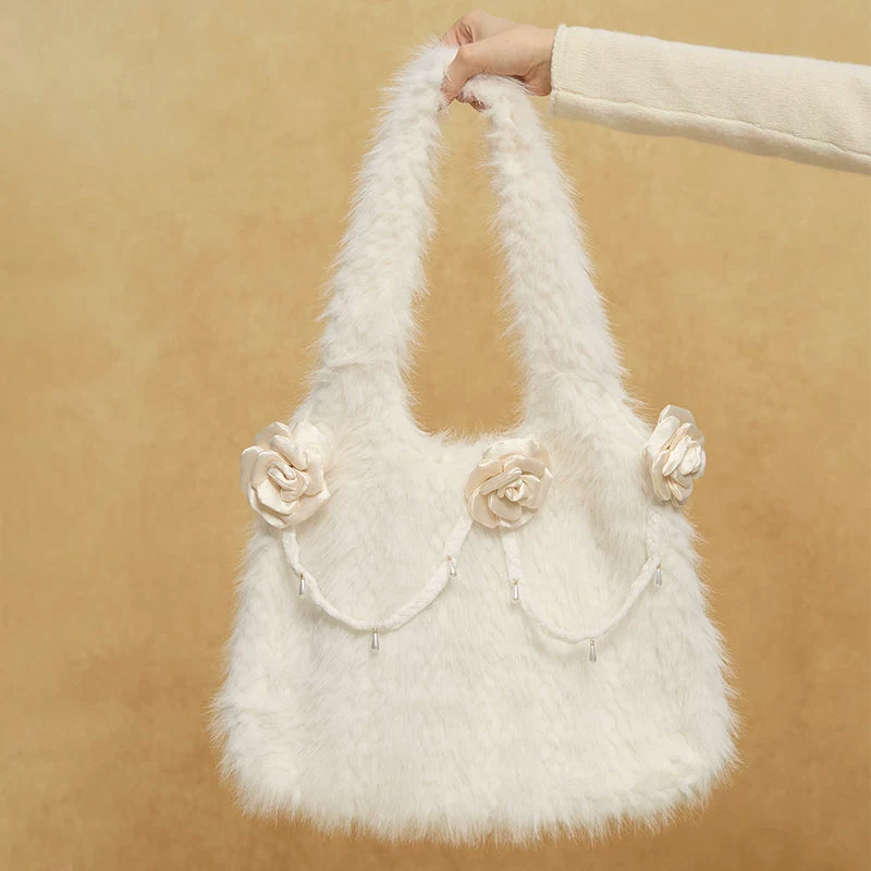 Cozy Hand-woven Camellia Plush Tote Bag - Lumivault