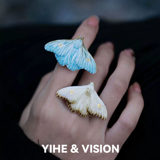 Frost Yellow and Blue Moth Ceramic Ring,Lumivault.