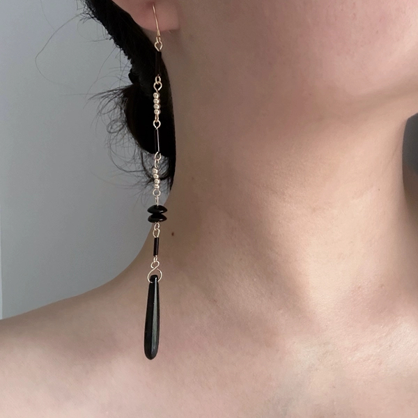 Chinoiserie Black Onyx Long Earrings,Lumivault.