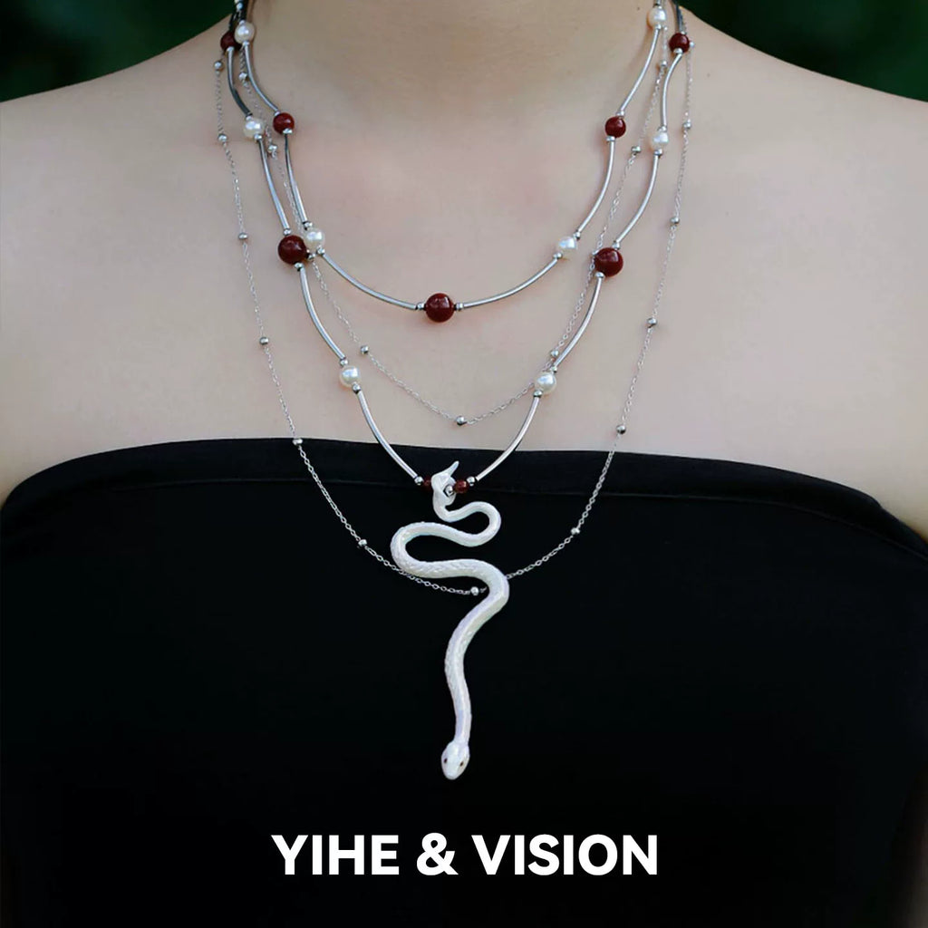 White Snake Pearl Ceramic Stacking Necklace,Lumivault.