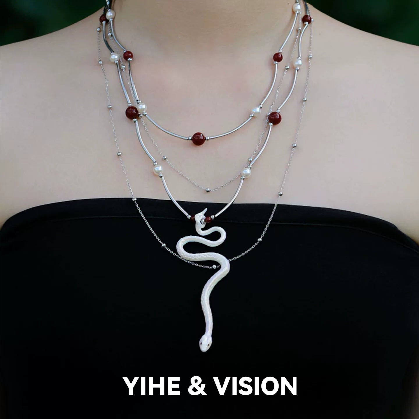 White Snake Pearl Ceramic Stacking Necklace,Lumivault.