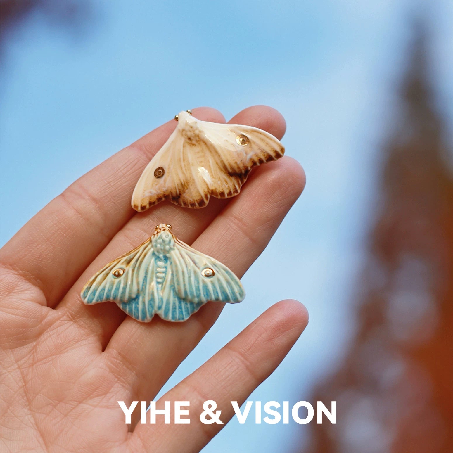 Frost Yellow and Blue Moth Ceramic Brooch,Lumivault.