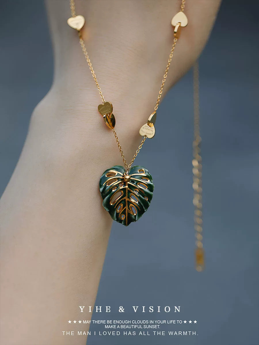 Monstera Ceramic Titanium Steel Stacking Necklace,Lumivault.