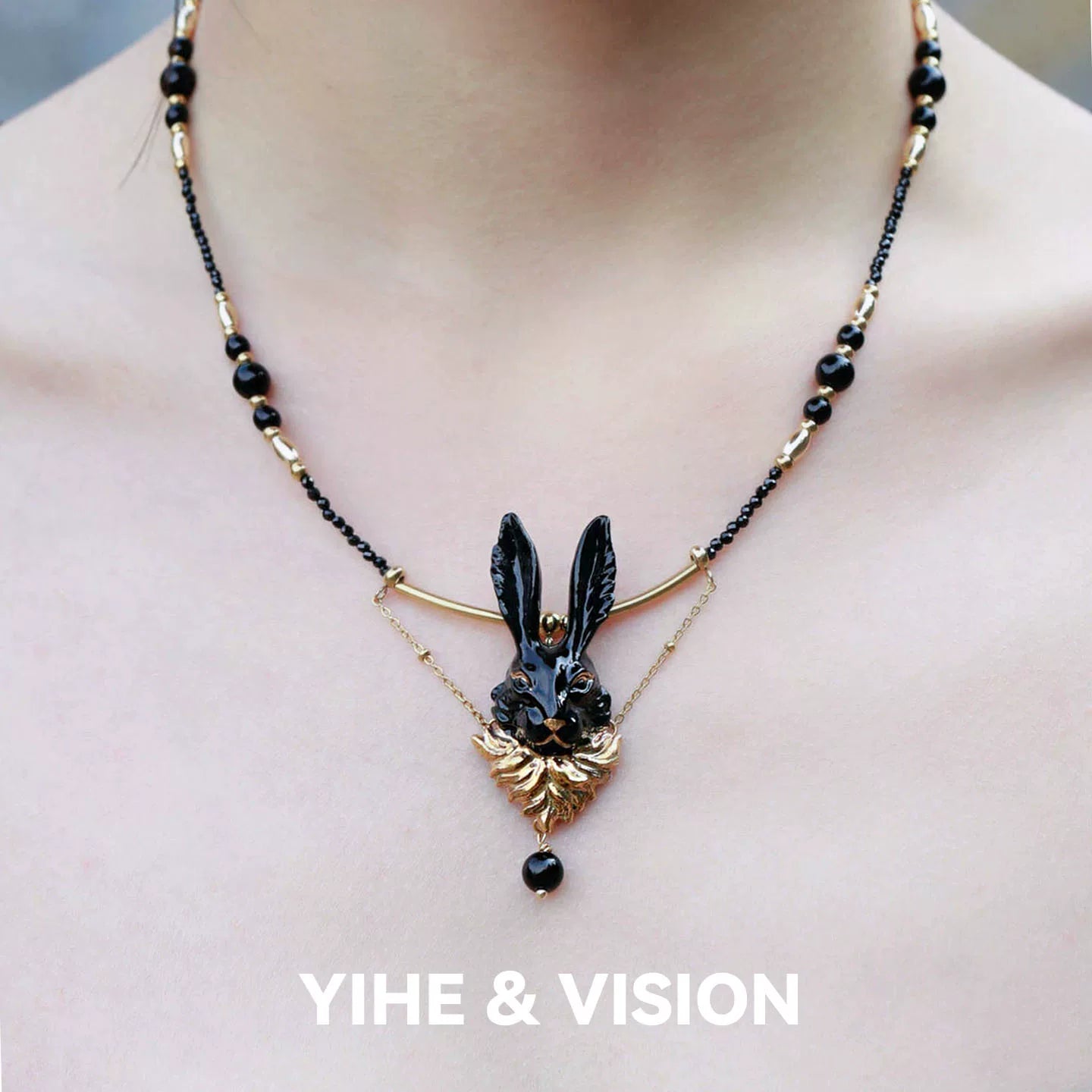 Black Gold Rabbit Ceramic Necklace,Lumivault.