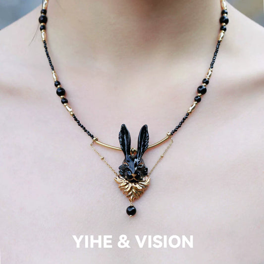 Black Gold Rabbit Ceramic Necklace,Lumivault.
