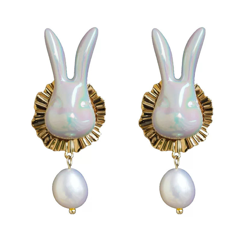 Cute Rabbit Ceramic Freshwater Pearl Earrings,Lumivault.