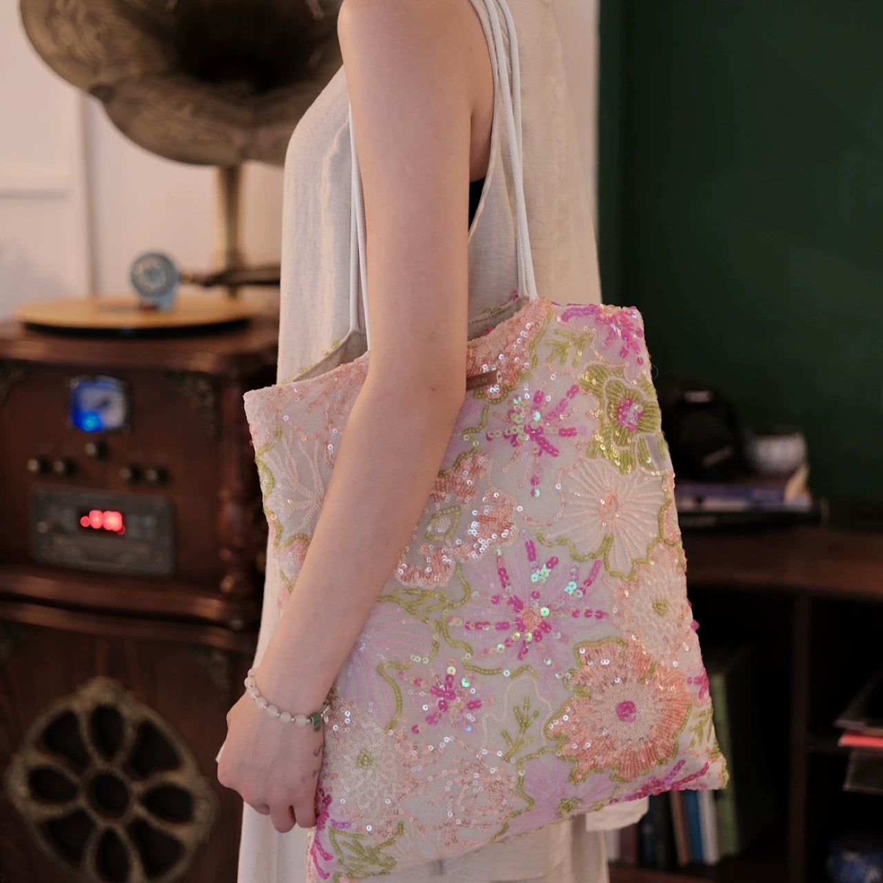 Monet Garden Lace Sequin Tote Bag - Lumivault