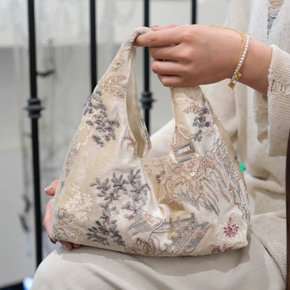 Chinoiserie Botanic Embroidery Beaded Hobo Bag - Lumivault