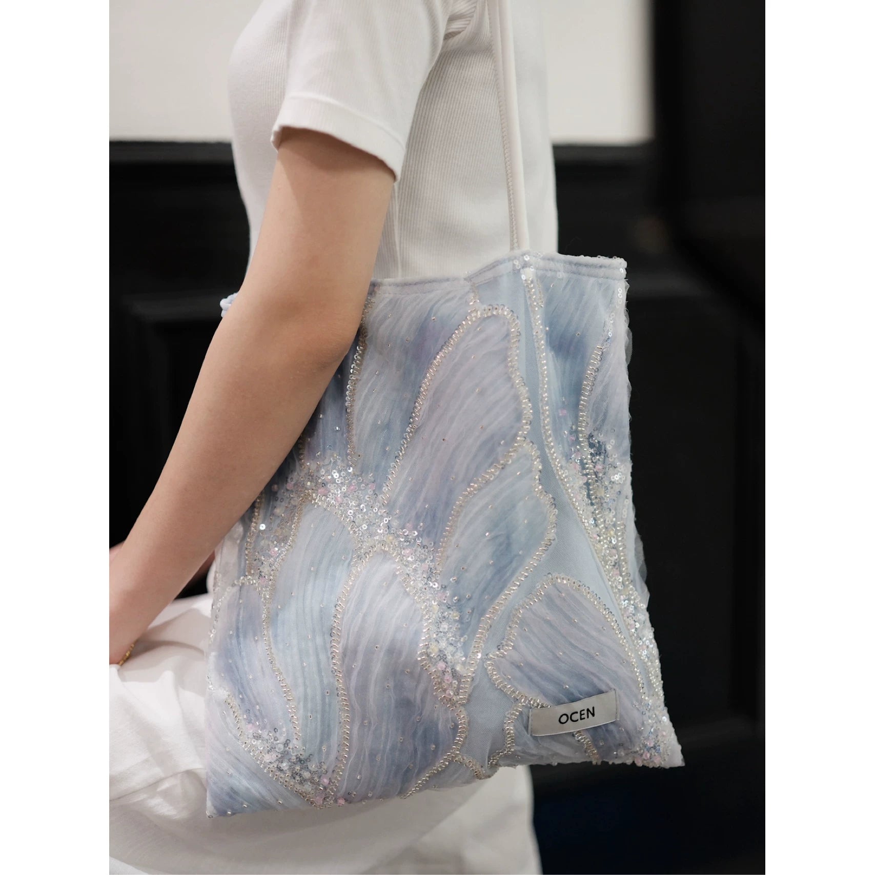 Morandi Blue Beaded Shoulder Bag - Lumivault