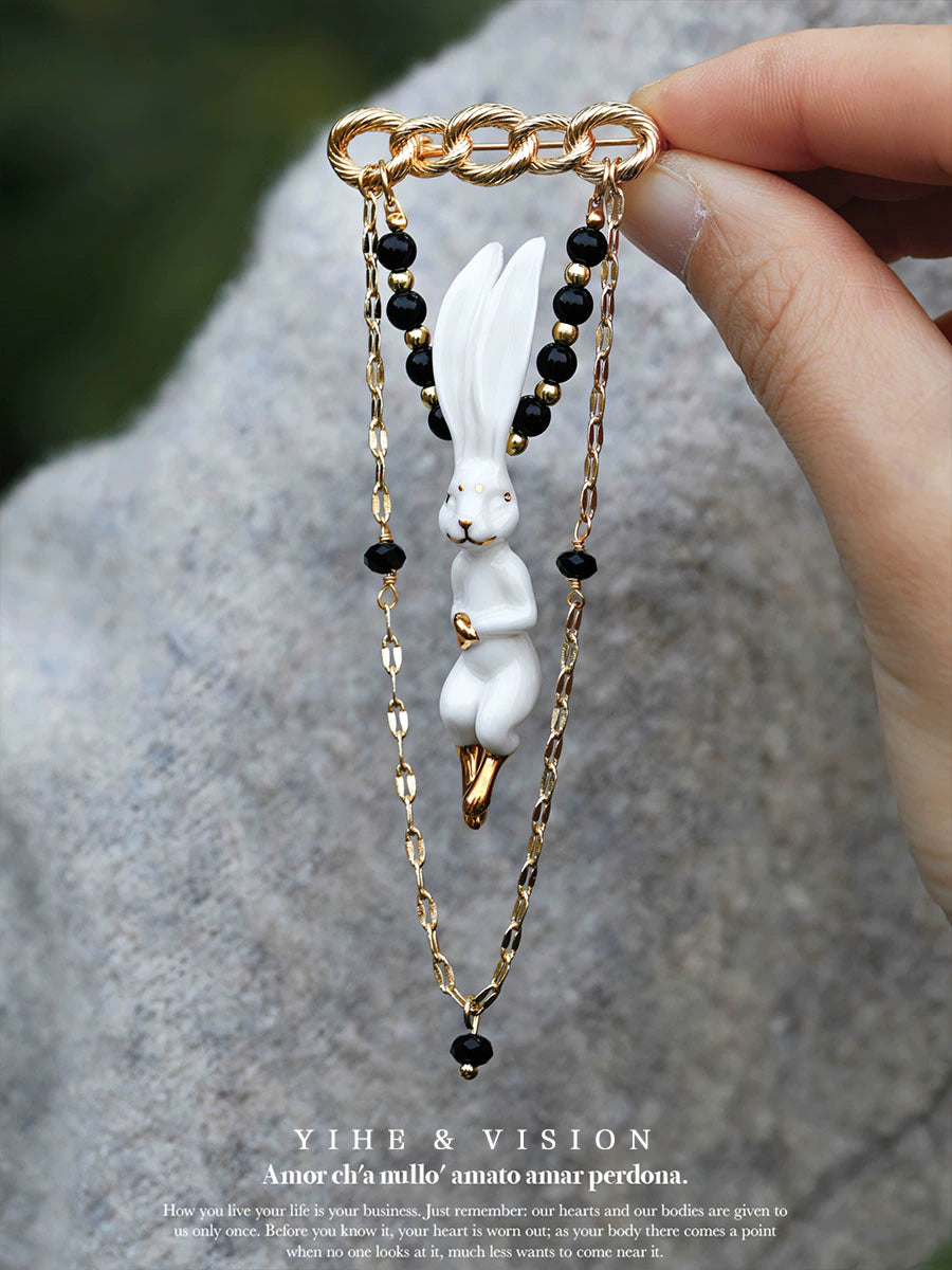 Rabbit Black Onyx Ceramic Brooch,Lumivault.