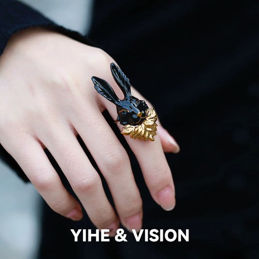 Black Gold Rabbit Ceramic Opening Ring,Lumivault.