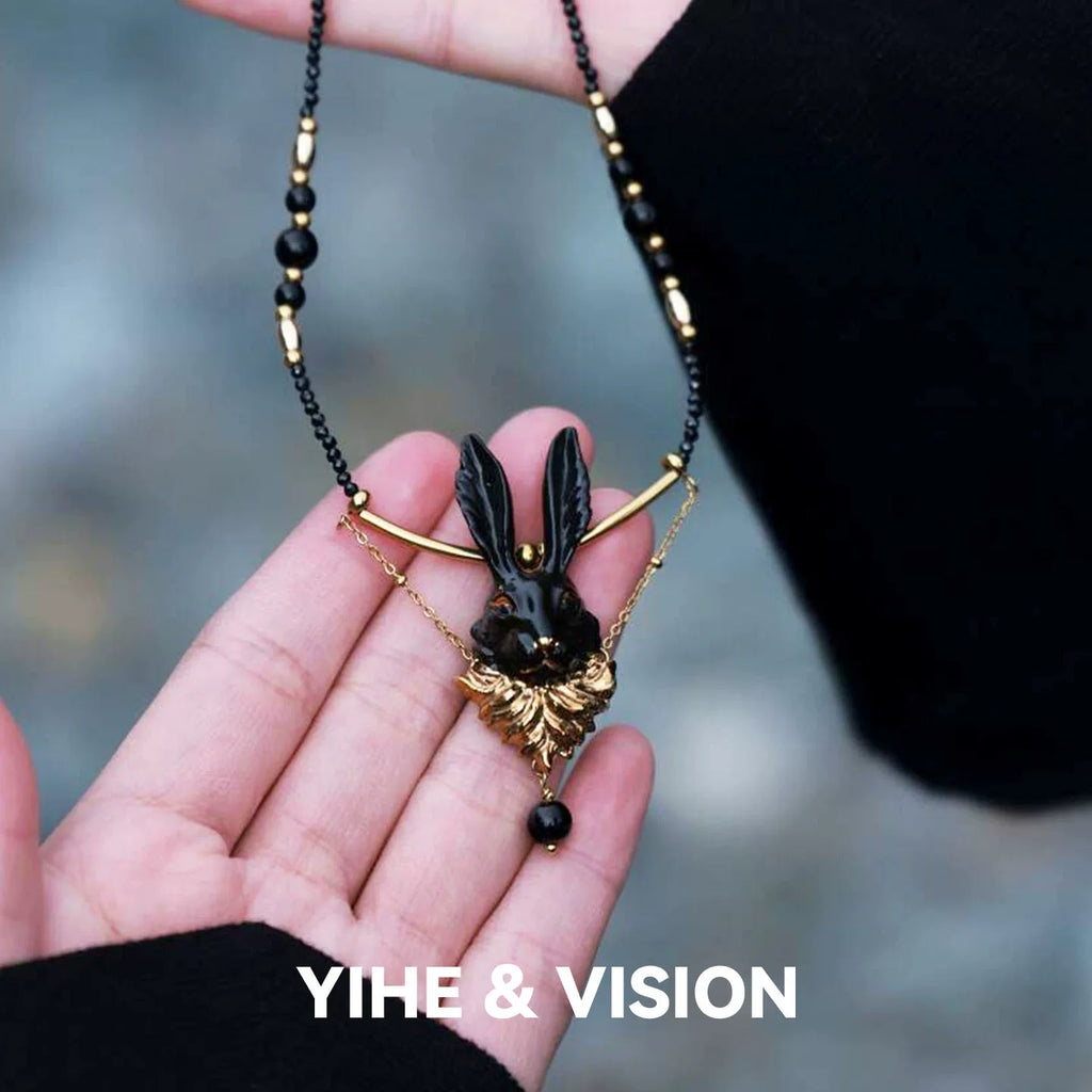 Black Gold Rabbit Ceramic Necklace,Lumivault.