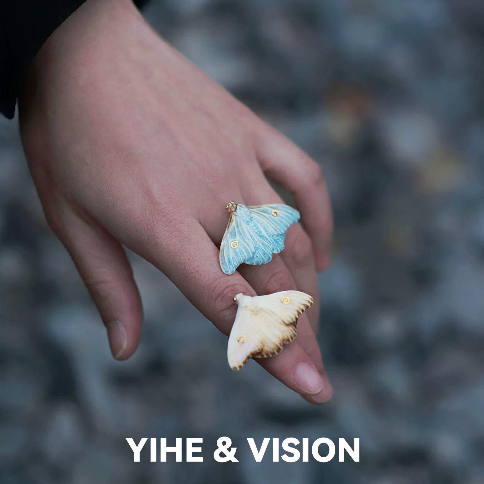 Frost Yellow and Blue Moth Ceramic Ring,Lumivault.