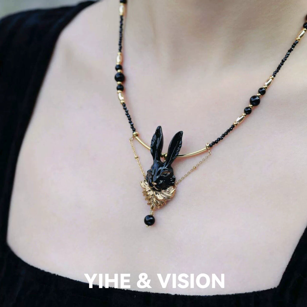 Black Gold Rabbit Ceramic Necklace,Lumivault.