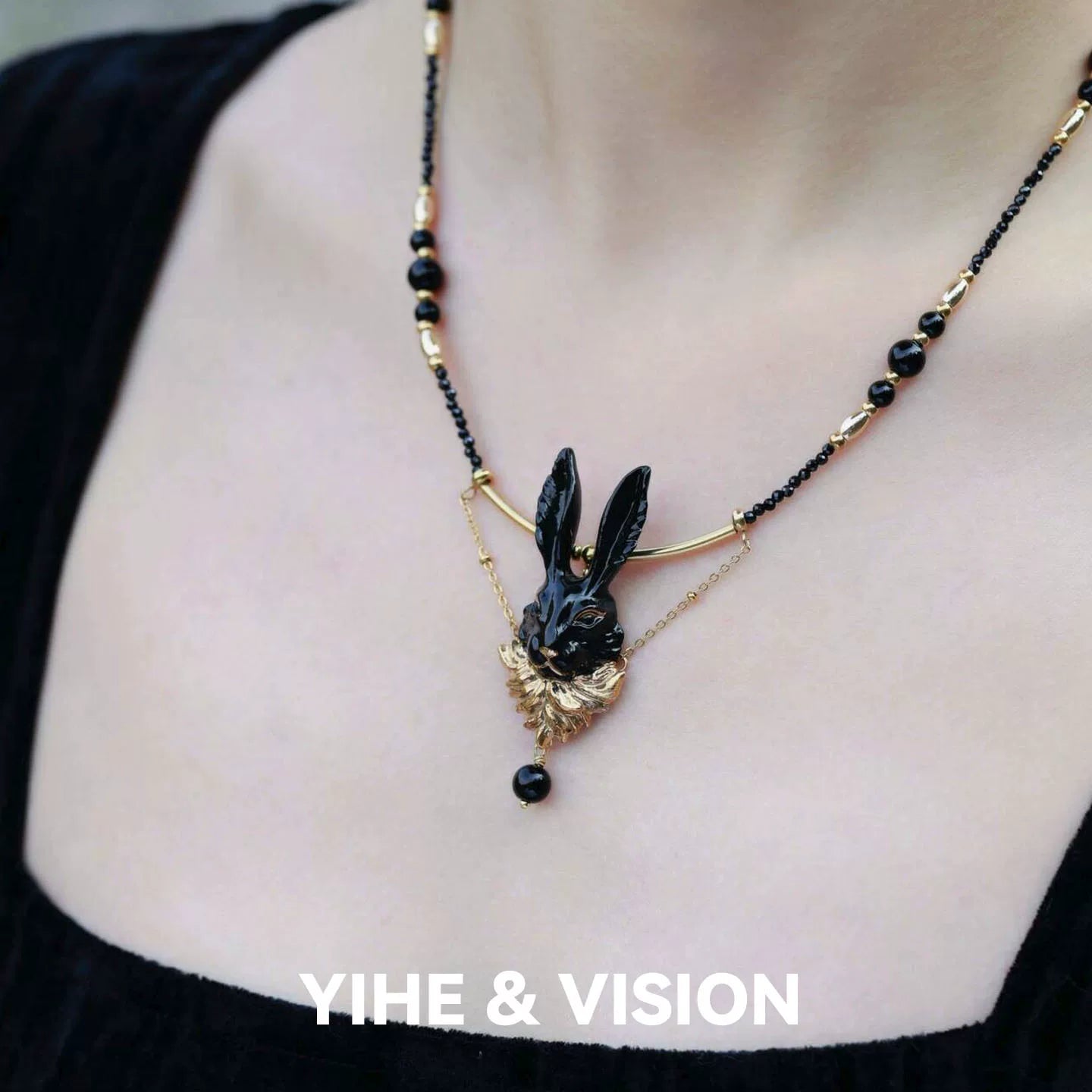 Black Gold Rabbit Ceramic Necklace,Lumivault.