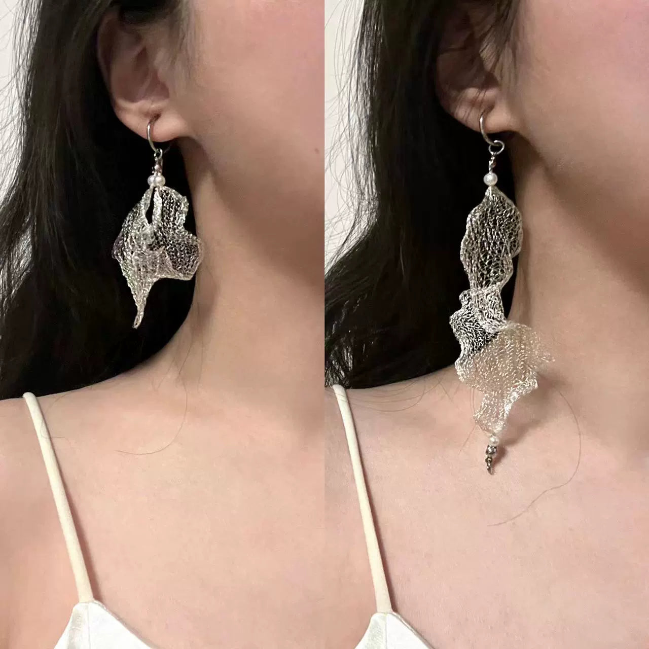 Freshwater Pearl Metal Mesh Lace Earrings,Lumivault.