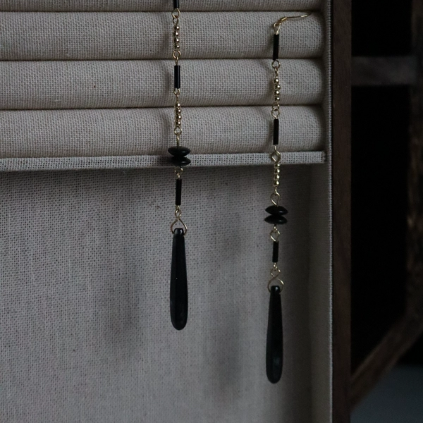 Chinoiserie Black Onyx Long Earrings,Lumivault.