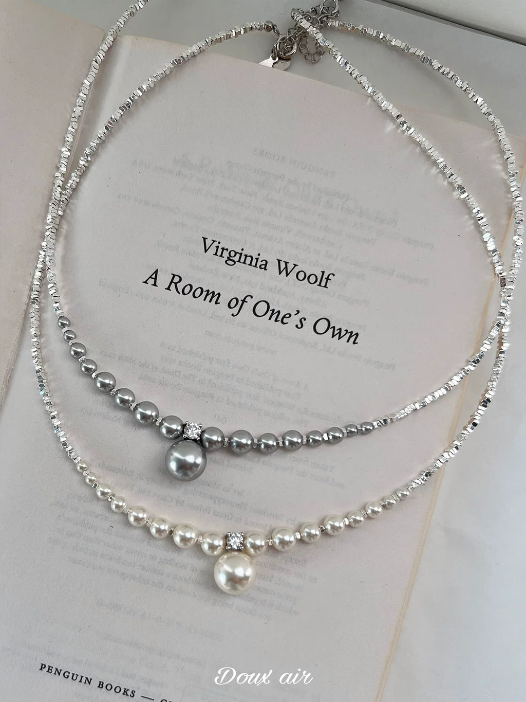 Silver Pearl Beaded Necklace,White Pearl,Lumivault.
