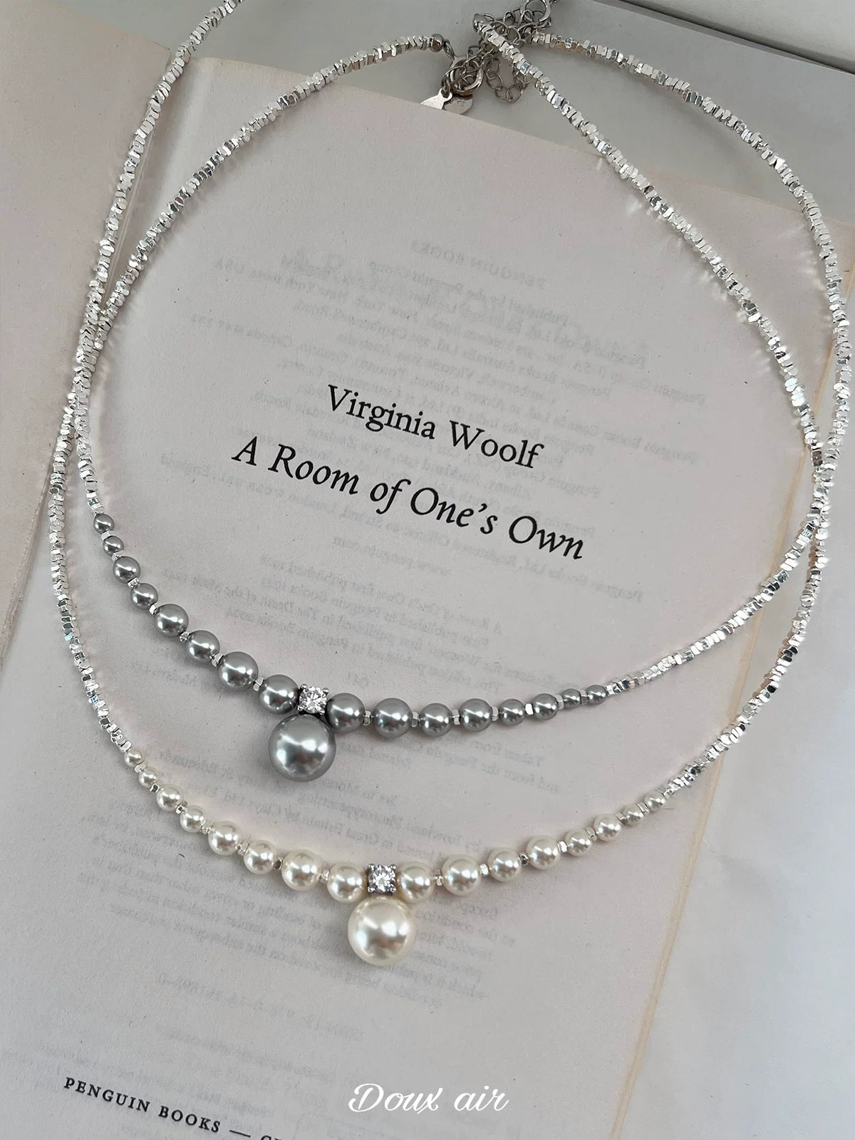 Silver Pearl Beaded Necklace,White Pearl,Lumivault.
