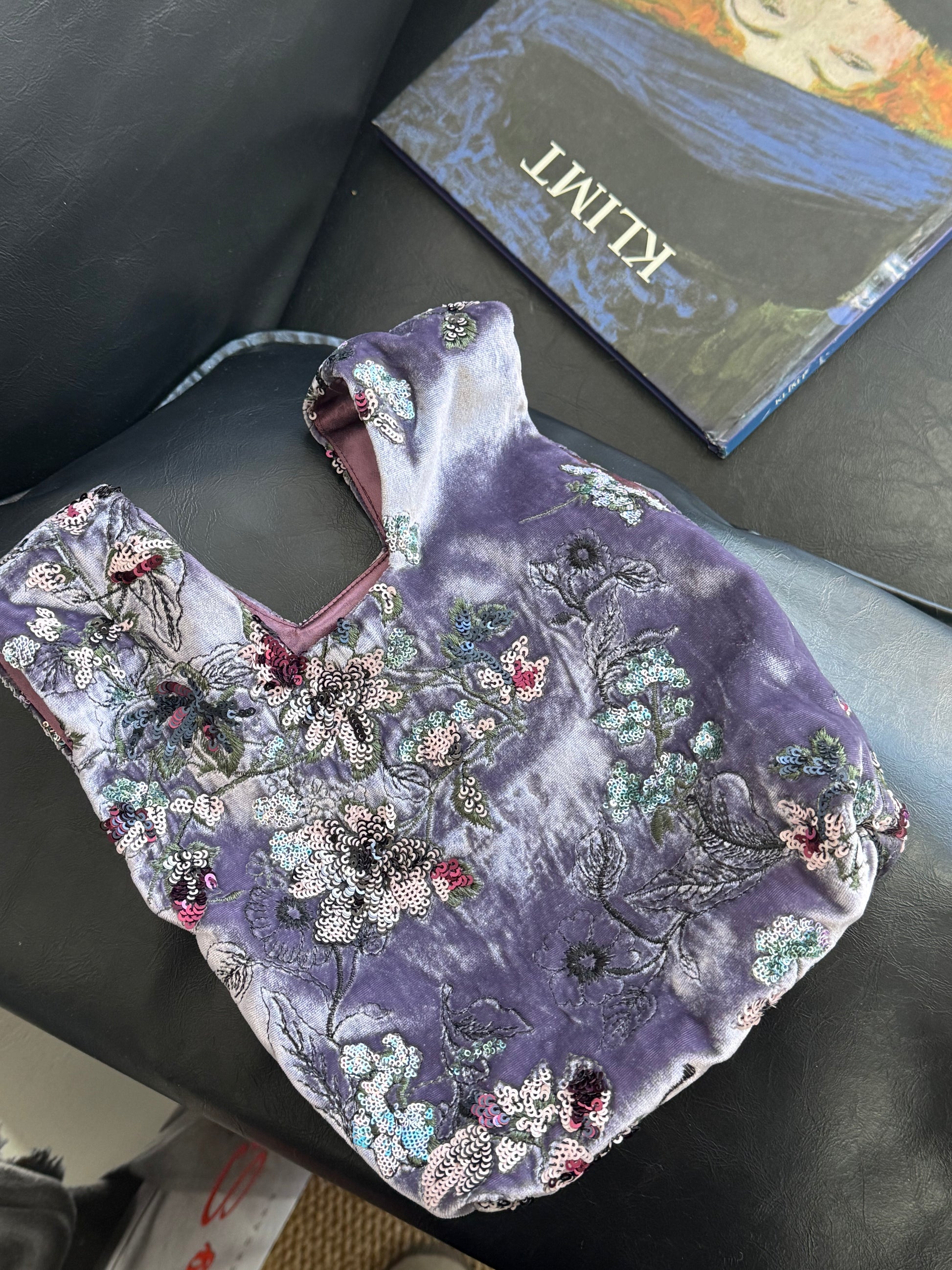 Embroidered Purple Silk Velvet Sequin Bag - Lumivault