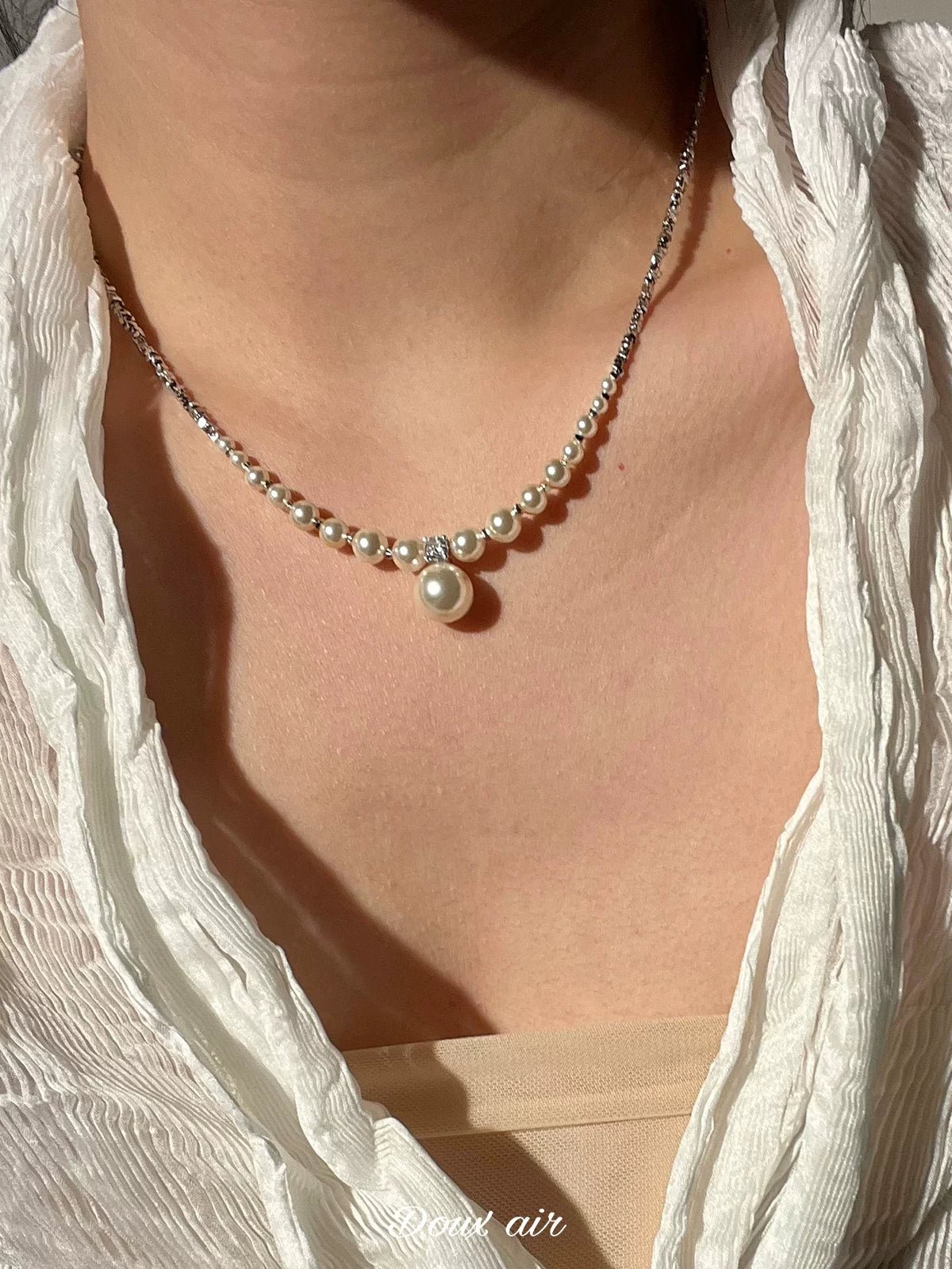Silver Pearl Beaded Necklace,Lumivault.