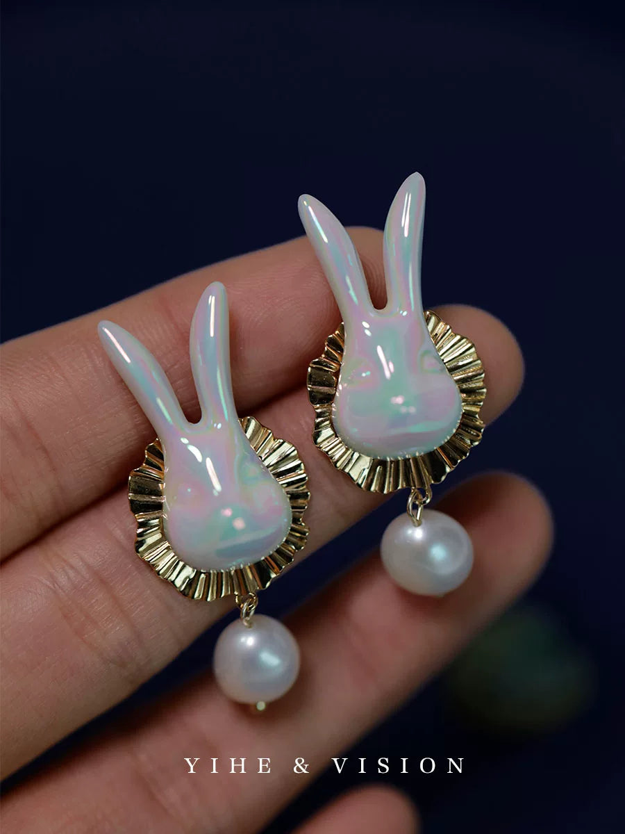 Cute Rabbit Ceramic Freshwater Pearl Earrings,Lumivault.