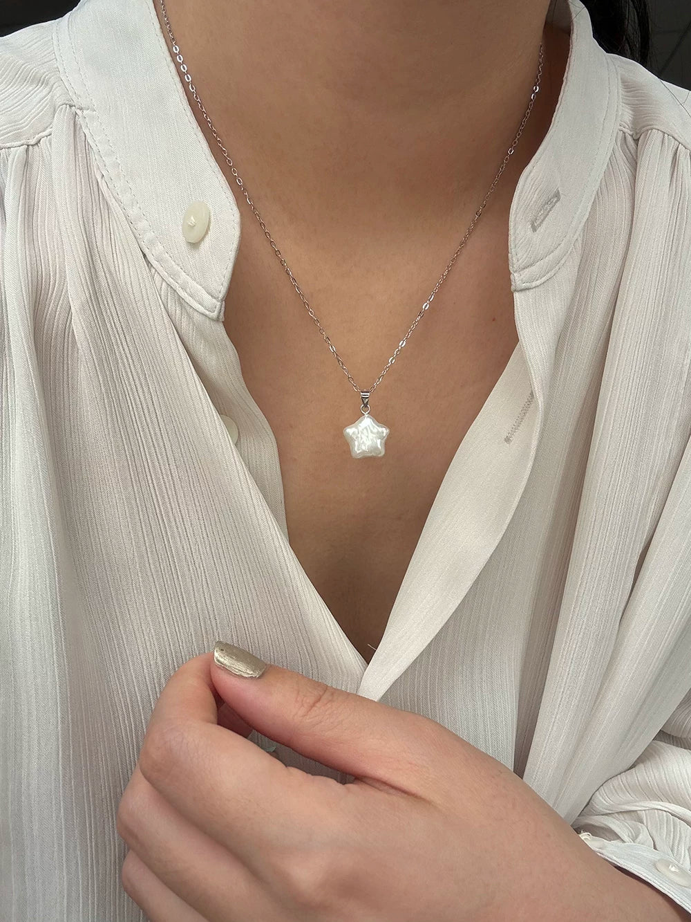 Lucky Star Peal Silver Necklace,Lumivault.