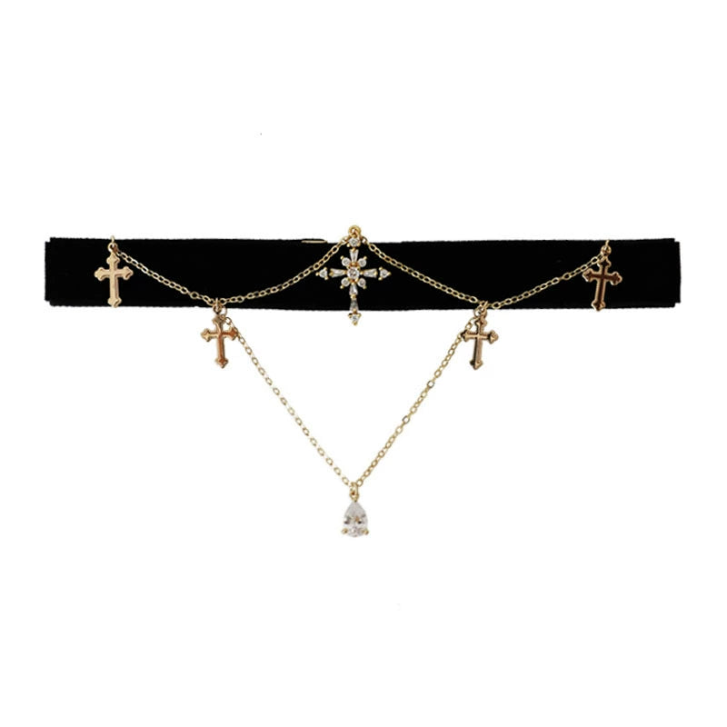 Zircon Cross Black Velvet Choker,Lumivault.