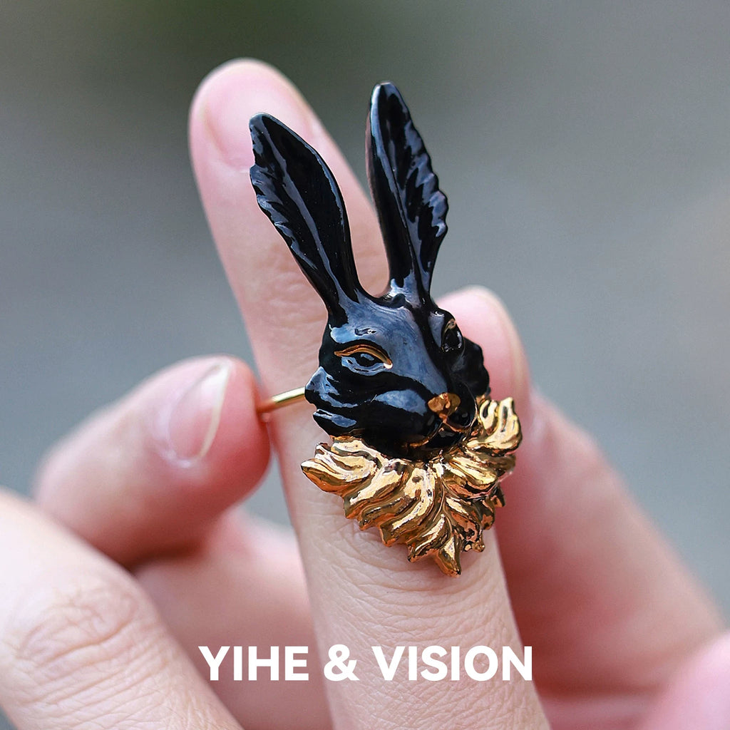 Black Gold Rabbit Ceramic Opening Ring,Lumivault.