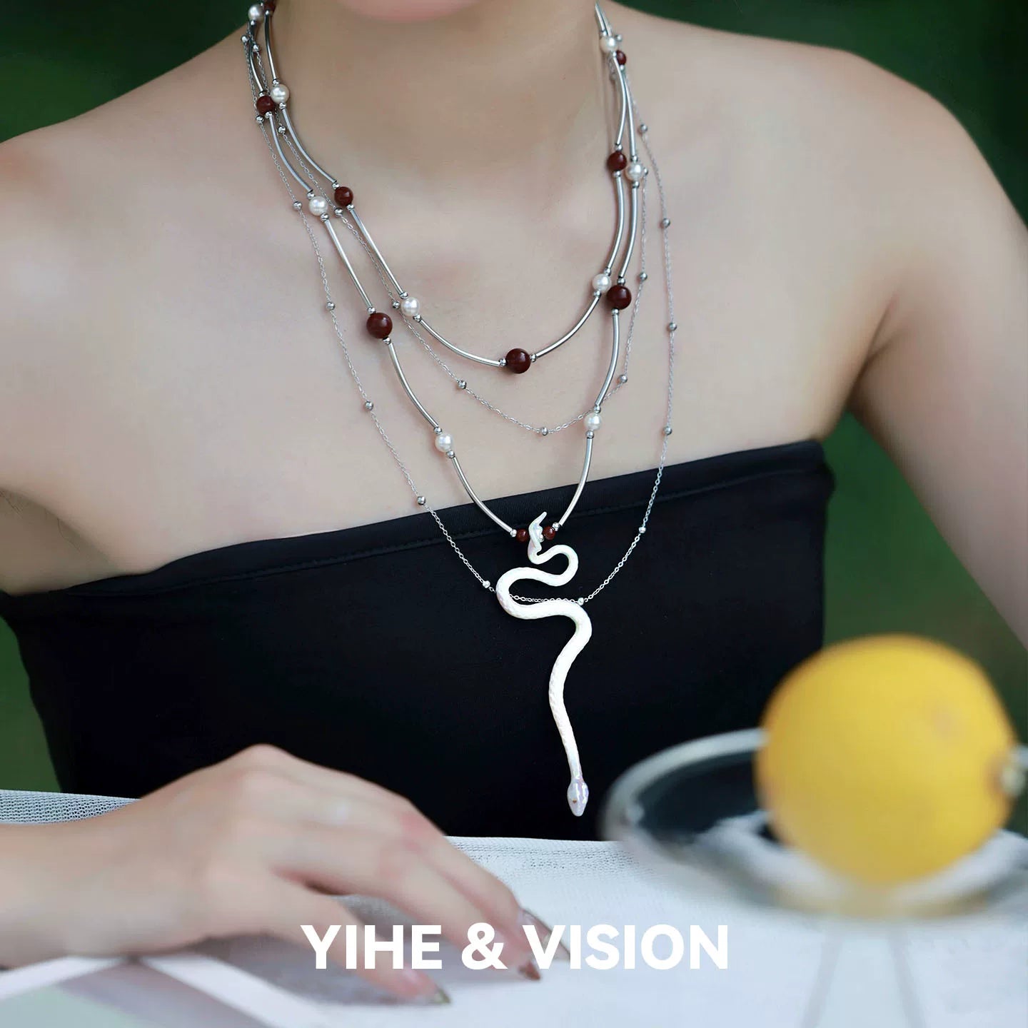 White Snake Pearl Ceramic Stacking Necklace,Lumivault.