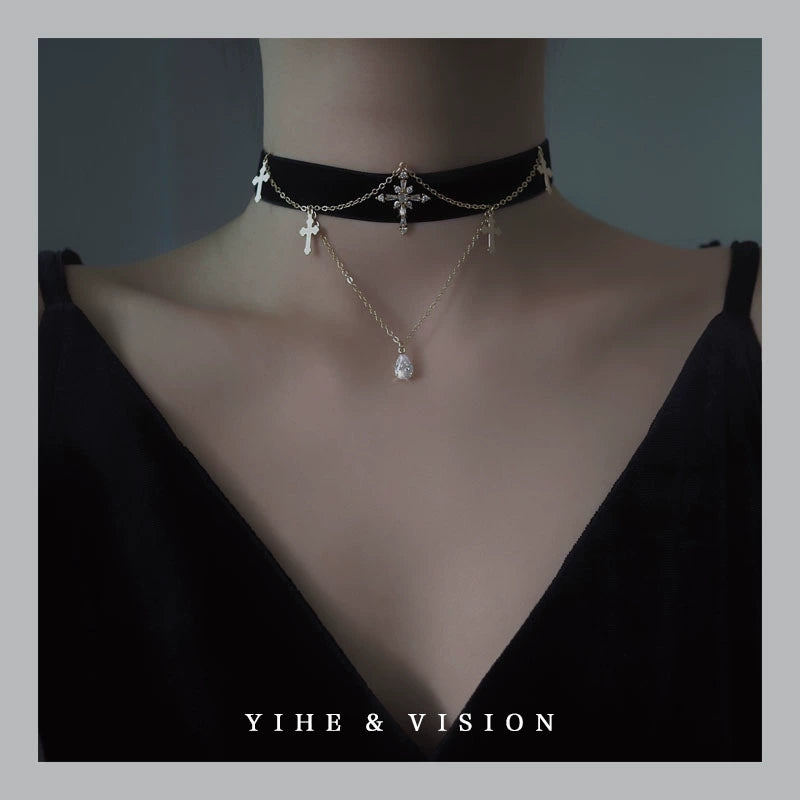 Zircon Cross Black Velvet Choker,Lumivault.