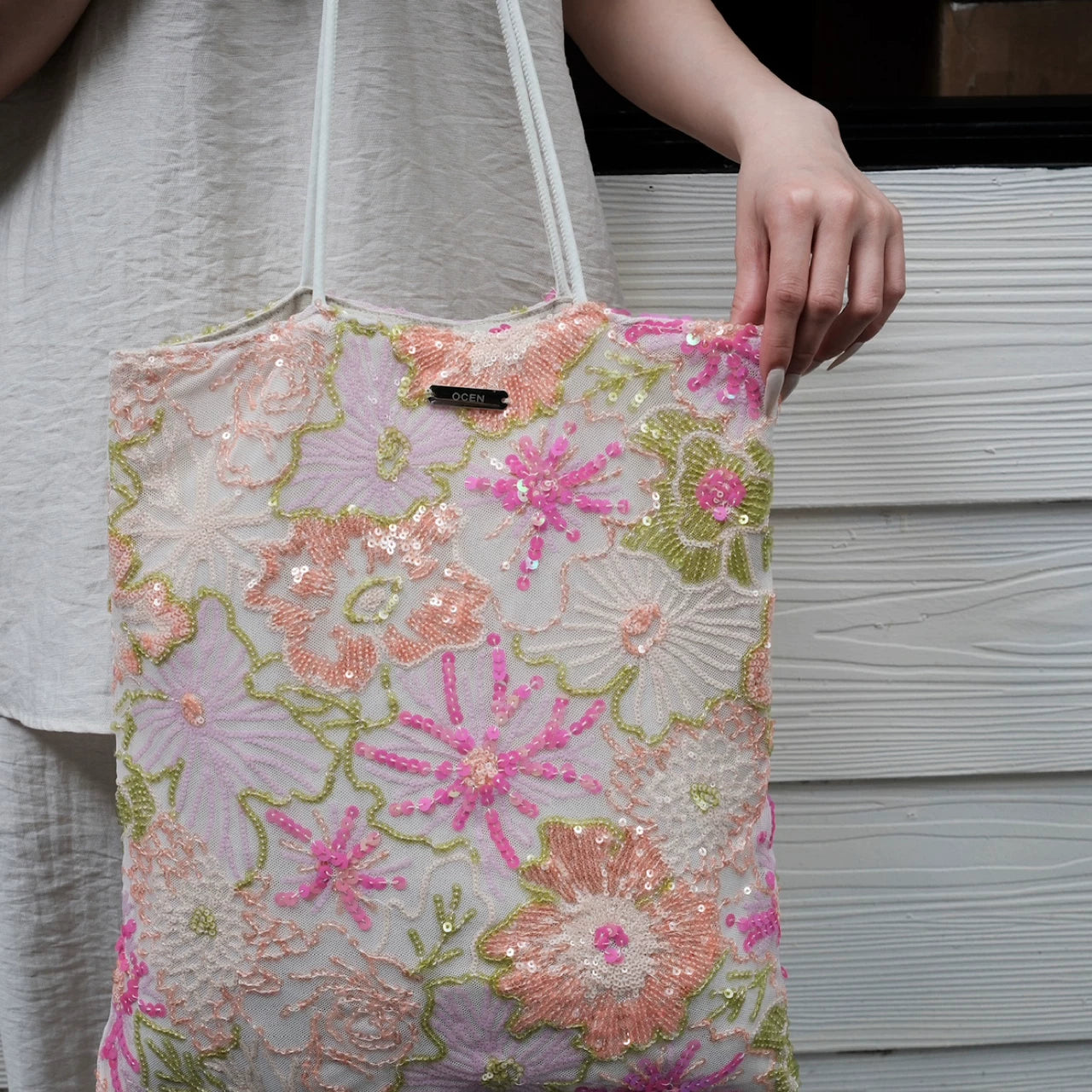Monet Garden Lace Sequin Tote Bag - Lumivault