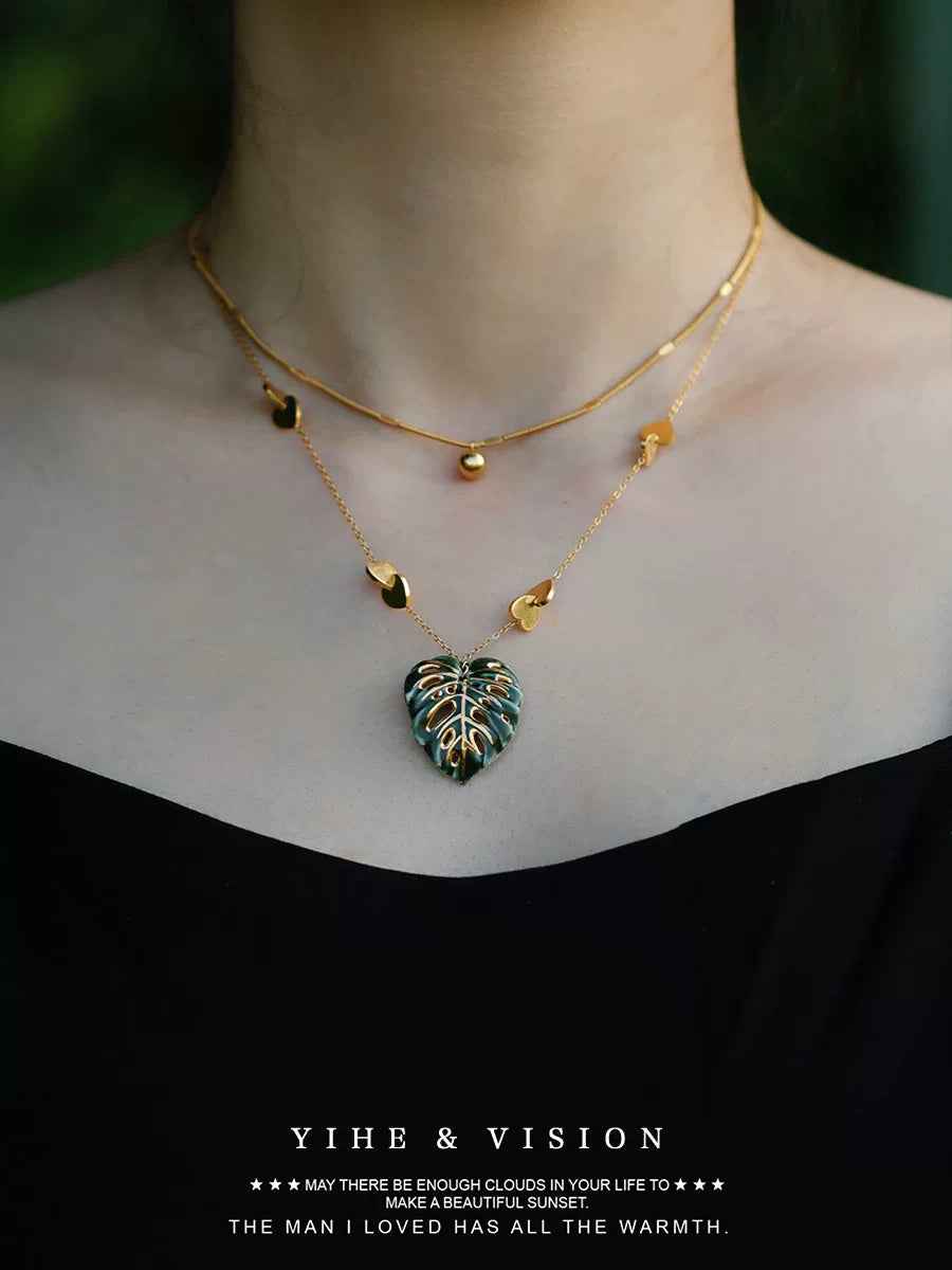 Monstera Ceramic Titanium Steel Stacking Necklace,Stacking Necklaces,Lumivault.