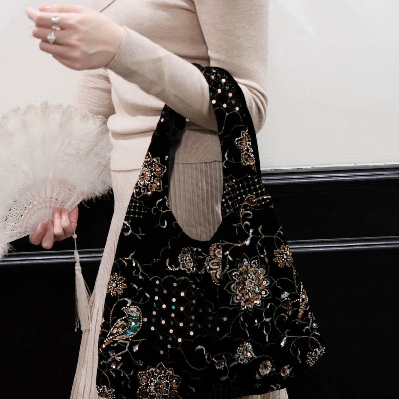 Vintage Bird Beaded Silk Velvet Bag - Lumivault