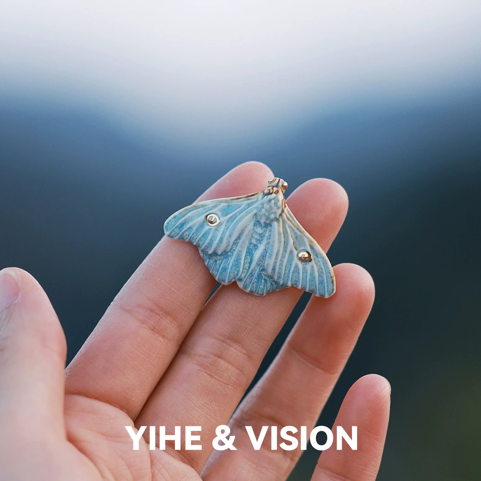 Frost Yellow and Blue Moth Ceramic Ring,Blue,Lumivault.