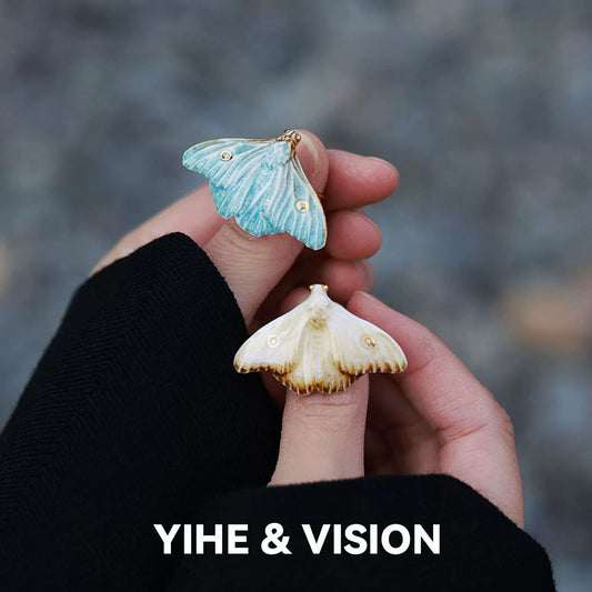 Frost Yellow and Blue Moth Ceramic Brooch,Lumivault.