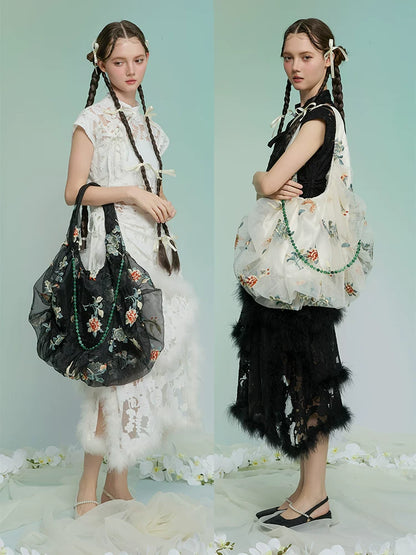 Spring and Summer Embroidery Organza Tote Bag - Lumivault