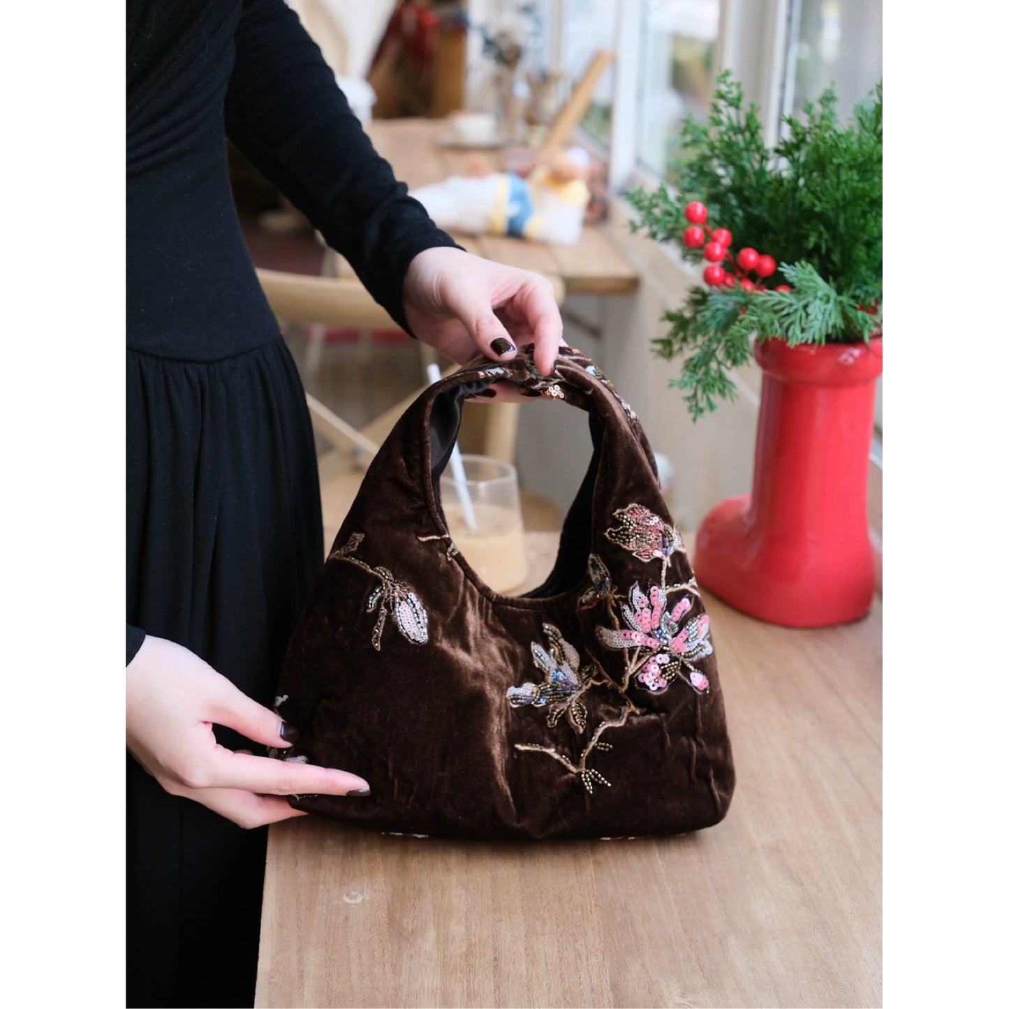 Brown Velvet Embroidered Beaded Hobo Bag - Lumivault