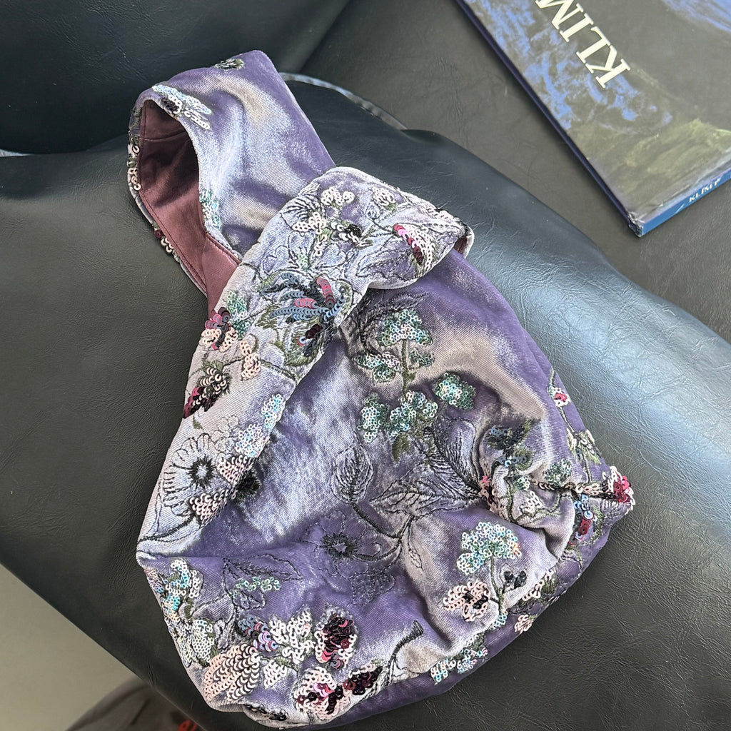 Embroidered Purple Silk Velvet Sequin Bag - Lumivault