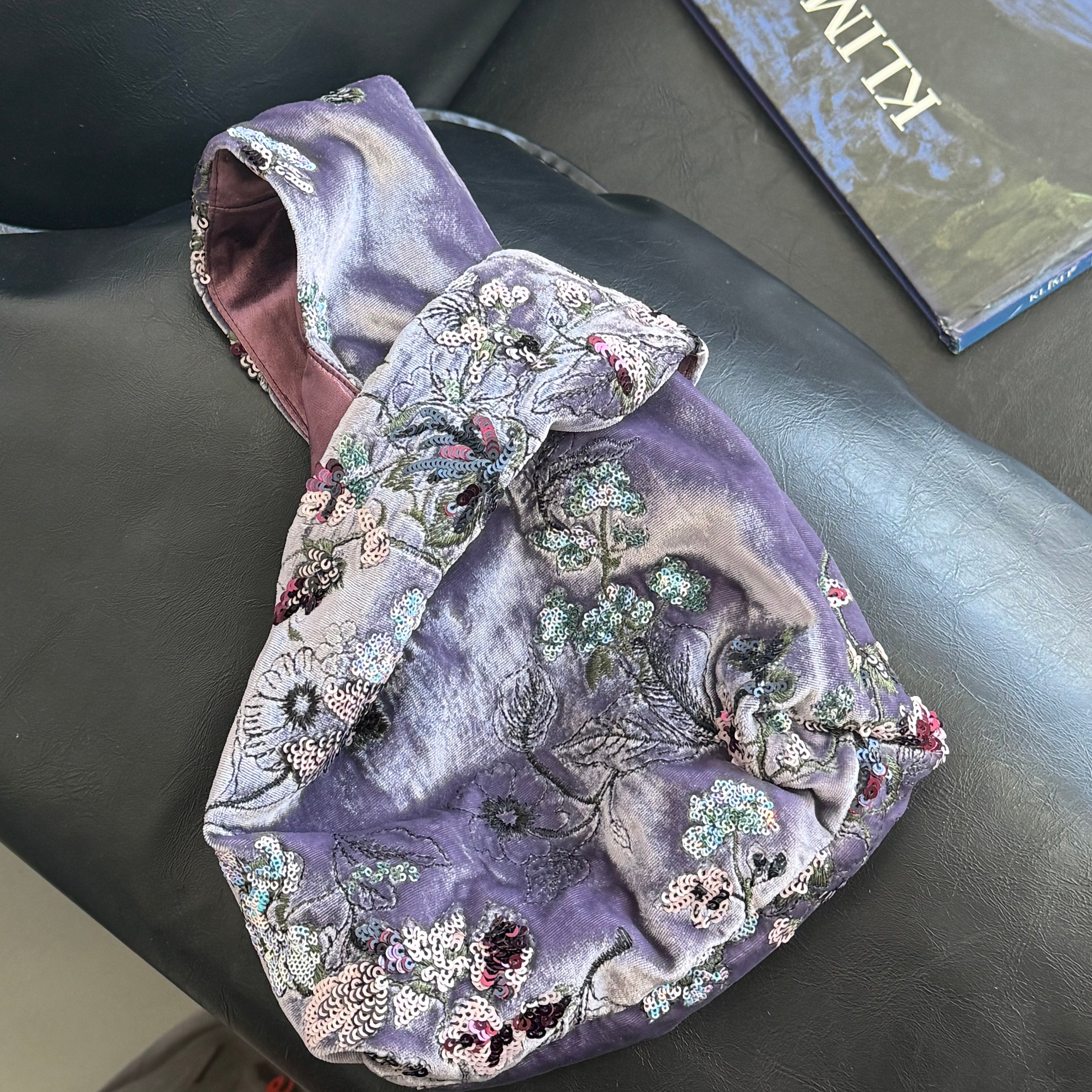 Embroidered Purple Silk Velvet Sequin Bag - Lumivault