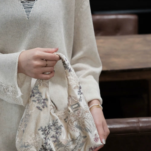 Chinoiserie Botanic Embroidery Beaded Hobo Bag - Lumivault