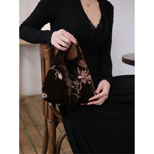 Brown Velvet Embroidered Beaded Hobo Bag - Lumivault