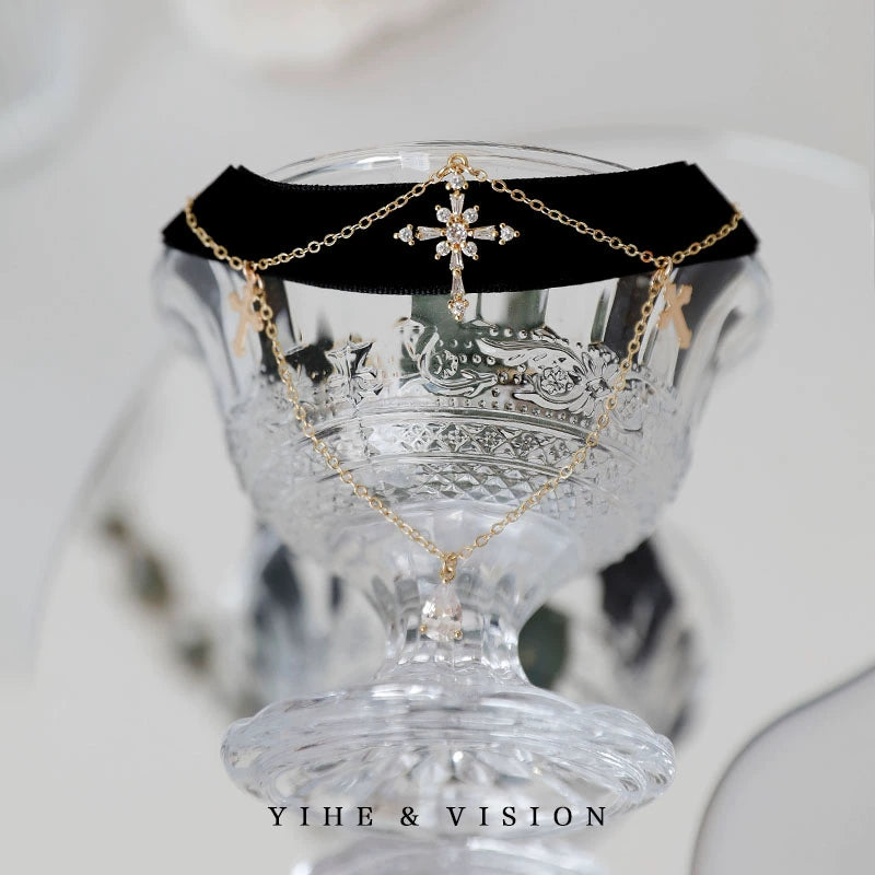 Zircon Cross Black Velvet Choker,Lumivault.