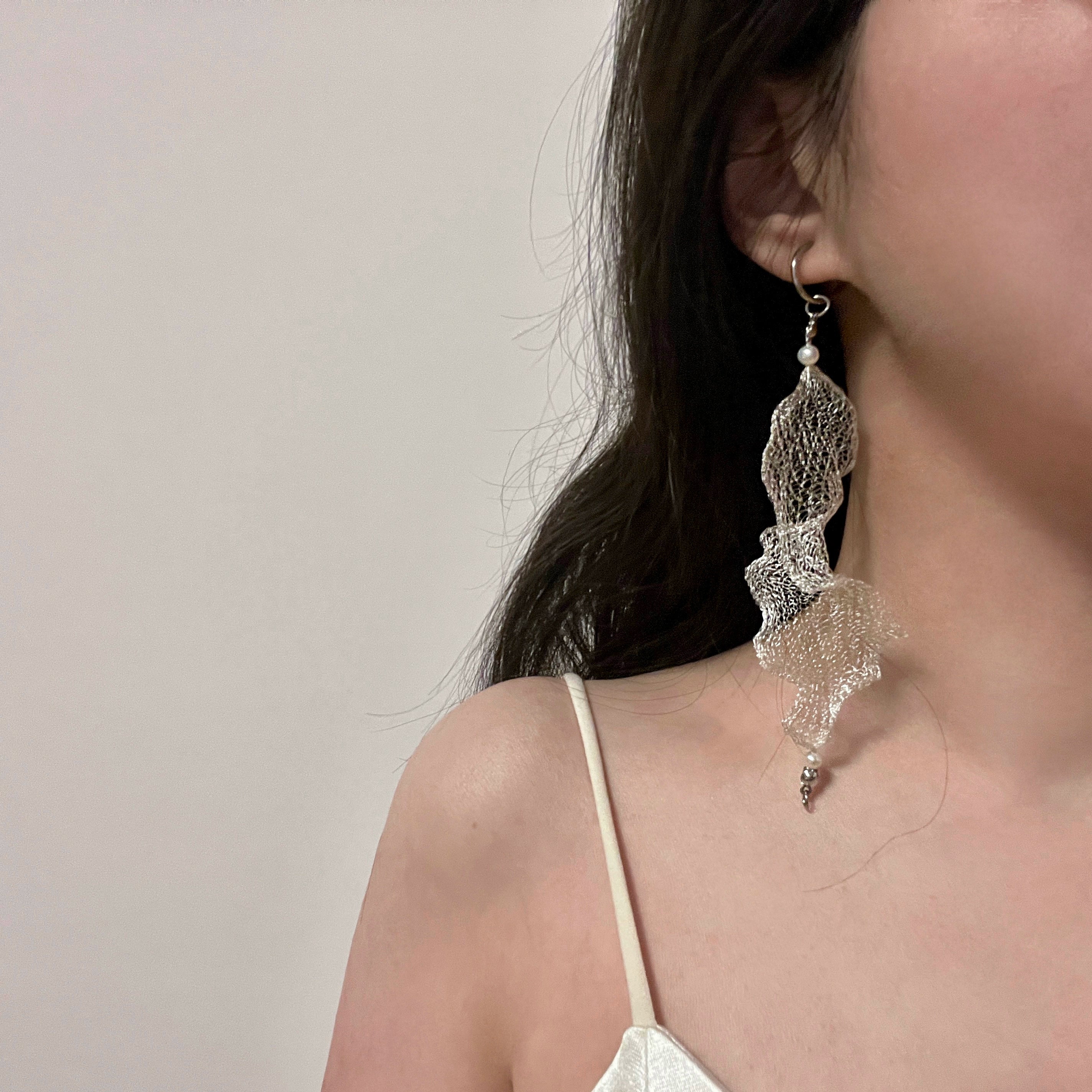 Freshwater Pearl Metal Mesh Lace Earrings,Lumivault.