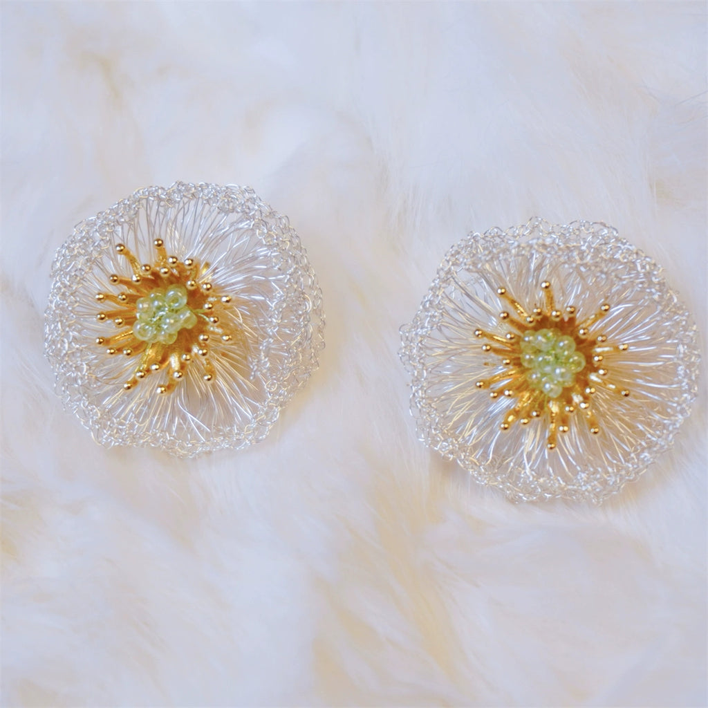 Metal Wire Poppy Flower Crochet Earrings,Small Studs (2.5 cm diameter),Lumivault.